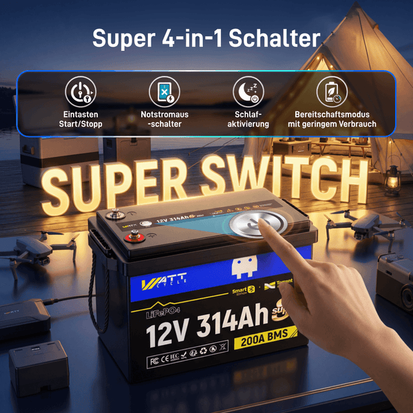WattCycle LiFePO4 12V 314Ah Mini Super Batterie mit 4-in-1-Schalter