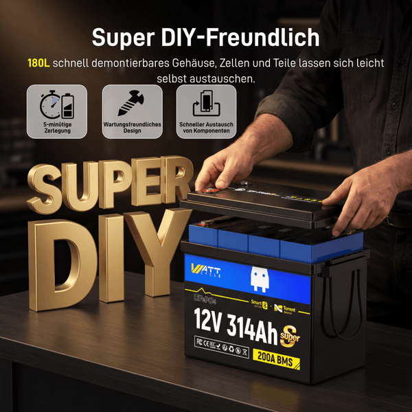 WattCycle LiFePO4 12V 314Ah Mini Super Batterie mit abnehmbarem Gehäuse ohne Zerstörung