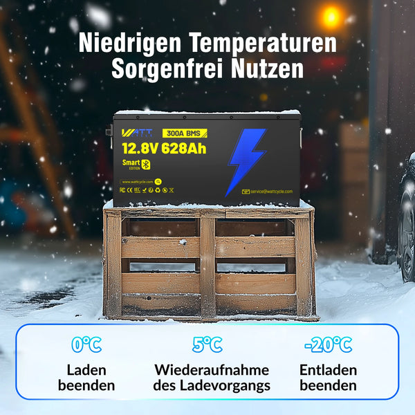 WattCycle LiFePO4 12V 628Ah Ultra Lithium Batterie mit Untertemperatur-Abschaltschutz