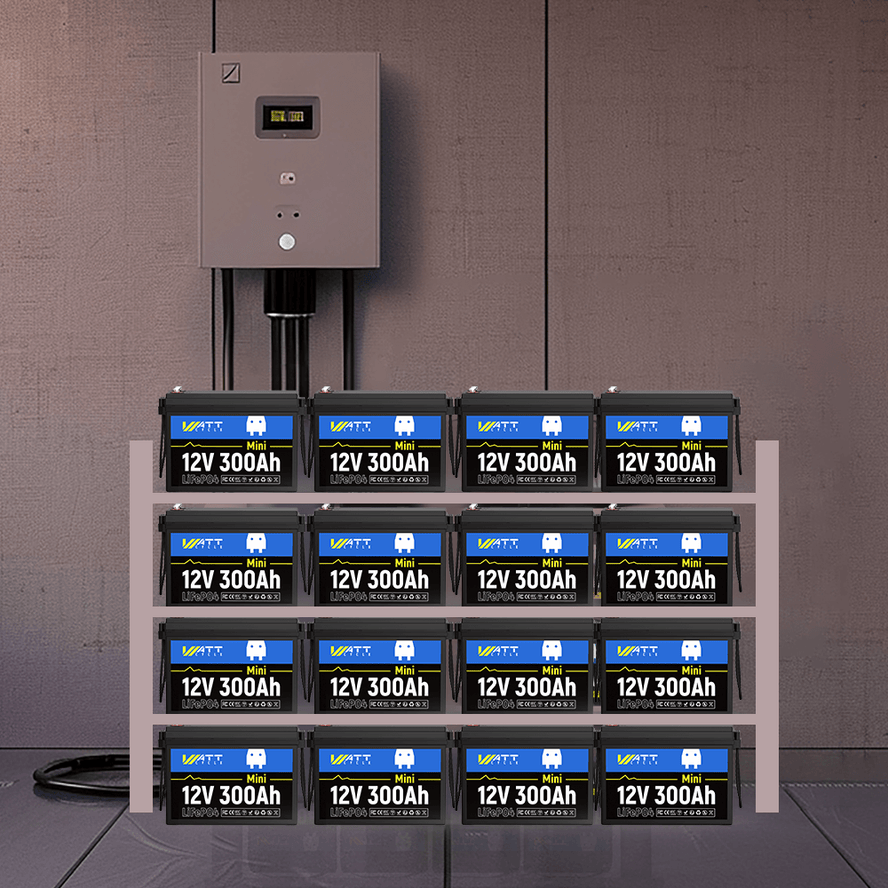 16 Stück WattCycle 12V 300Ah (280Ah) Mini Lithium Batterien zu einer Photovoltaikanlage