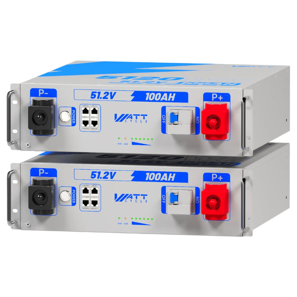 2 Stück WattCycle 51,2V 100Ah LiFePO4 19 Zoll Rack Batterien mit 3U Größe