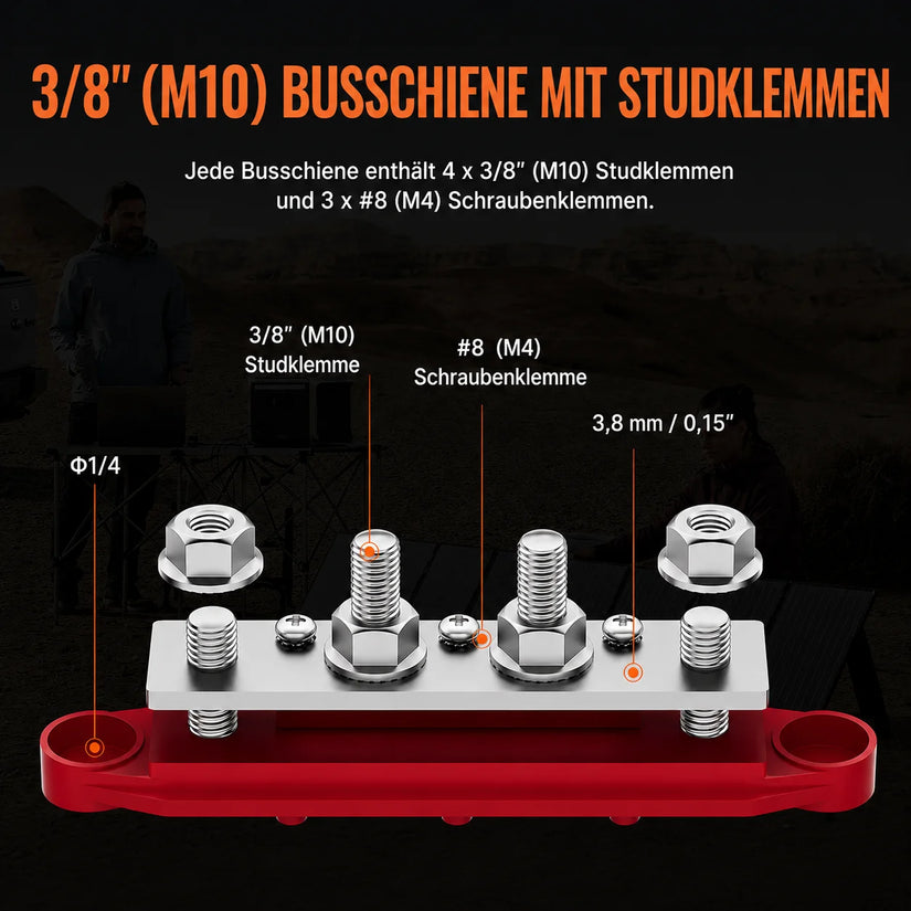 38 Zoll M10 Busschiene mit 4 x M10 Studklemmen und 3 x M4 Schraubenklemmen