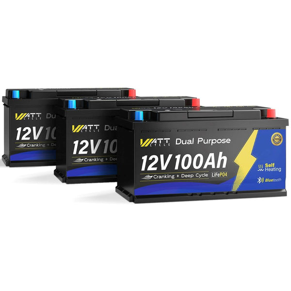 3 Stück WattCycle 12V 100Ah Dual Purpose LiFePO4 Batterie, Starter- & Versorgungsbatterie mit Bluetooth und Heizung (1200 CCA)