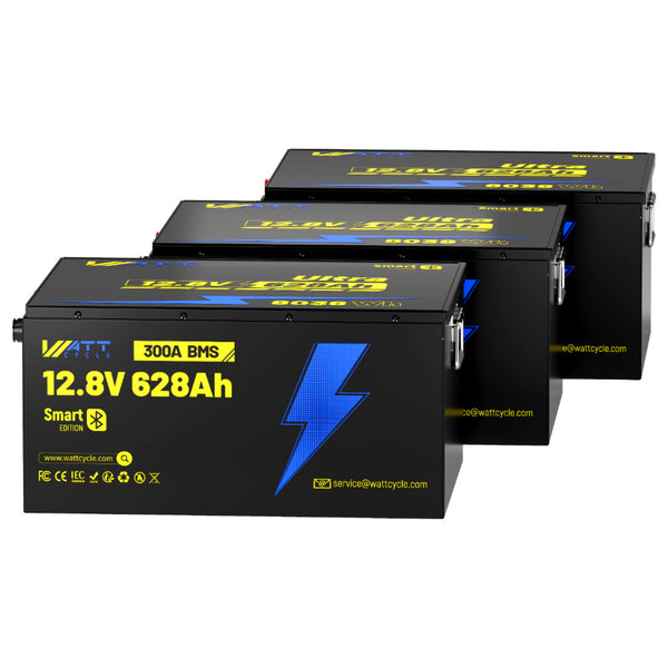 3 Stück WattCycle LiFePO4 12V 628Ah Ultra Lithium Batterien mit hoher Kapazität & Bluetooth Überwachung