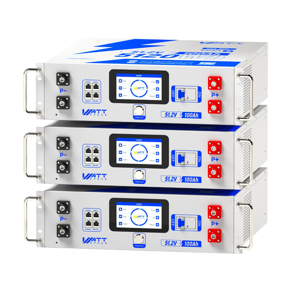 3 Stück WattCycle NextGen 51,2V 100Ah 19 Zoll Rack Batterie mit 3U Größe