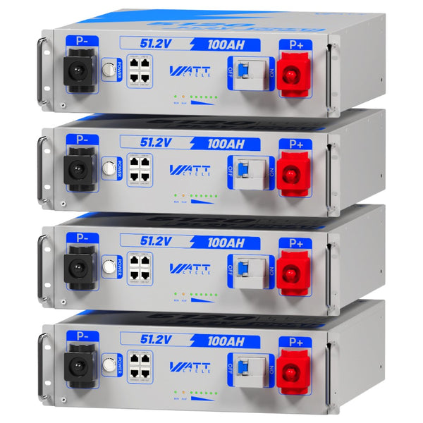 4 Stück WattCycle 51,2V 100Ah LiFePO4 19 Zoll Rack Batterien mit 3U Größe