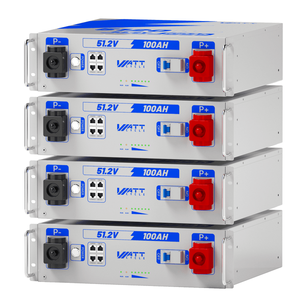 4 Stück WattCycle 51,2V 100Ah LiFePO4 19 Zoll Rack Batterien mit 3U Größe & Bluetooth & CAN & RS485 & RS232