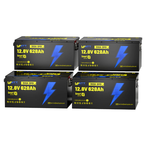 4 Stück WattCycle LiFePO4 12V 628Ah Ultra Lithium Batterien mit hoher Kapazität & Bluetooth Überwachung
