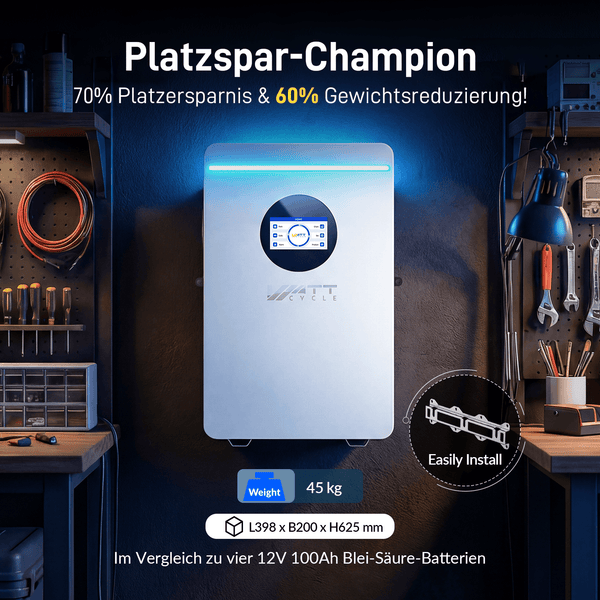 Abmessungen, Gewicht und Installationsdiagramm von WattCycle NextGen 51,2V 100Ah 5kWh Wandmontage LiFePO4 Solarbatterie, Solar Speicherbatterie​