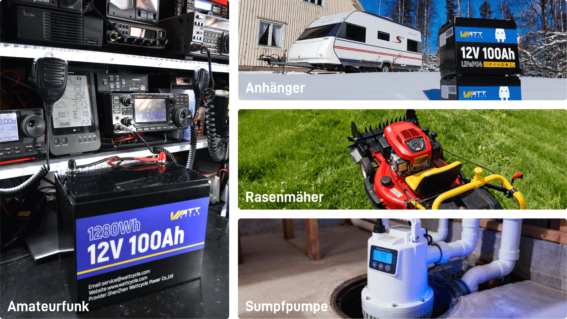 Anwendungsszenarien der WattCycle LiFePO4 12V 100Ah Batterie, z.B Amateurfunk, Anhänger, rasenmäher und Sumpfpume