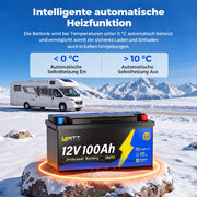 WattCycle 12V 100Ah Untersitz LiFePO4 Batterie mit Bluetooth und Heizung – automatische Selbstheizung bei Temperaturen unter 0 °C für zuverlässiges Laden bei winterlichen Wohnmobilreisen.