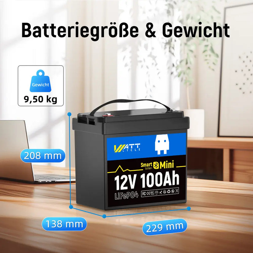 Batteriegröße und -gewicht von WattCycle 100Ah LiFePO4 12V Mini Smart Batterie mit Bluetooth Überwachung​ 