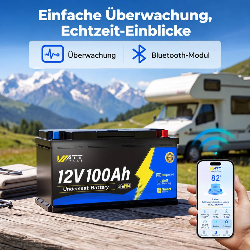 WattCycle 12V 100Ah Untersitz LiFePO4 Batterie mit Bluetooth und Heizung – Echtzeitüberwachung von Ladezustand, Spannung, Strom und Batterietemperatur per Smartphone-App im Wohnmobil.