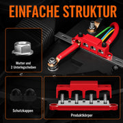 Einfacher Aufbau der Sammelschiene 250A mit Schutzkappen, Muttern und Unterlegscheiben