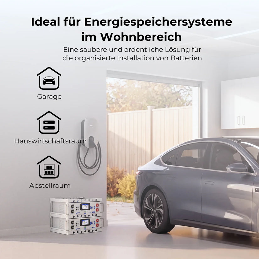 Heim-Energiespeichersystem im Batterierack installiert in der Garage neben Elektroauto und Wallbox