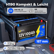 WattCycle 12V 100Ah Untersitz LiFePO4 Batterie mit Bluetooth und Heizung – kompakte H190 Wohnmobilbatterie mit 187 mm Höhe, 11,29 kg Gewicht und Abmessungen von 354 × 176 × 187 mm.