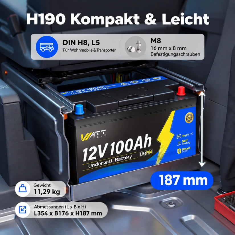 WattCycle 12V 100Ah Untersitz LiFePO4 Batterie mit Bluetooth und Heizung – kompakte H190 Wohnmobilbatterie mit 187 mm Höhe, 11,29 kg Gewicht und Abmessungen von 354 × 176 × 187 mm.