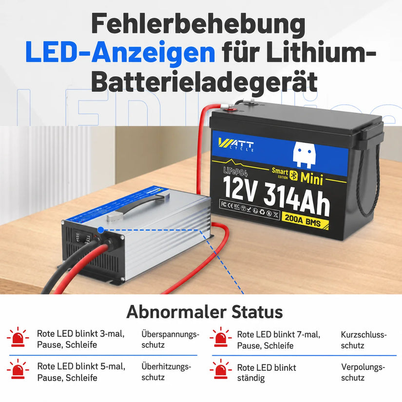 LED-Fehlerdiagnose und Schutzfunktionen von WattCycle 12V 60A LiFePO4 Ladegerät