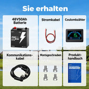 Lieferumfang des LiFePO4 48V 50Ah LiFePO4 Batteriespeichers mit PPS-Verbindungskabel, Monitor und Zubehör