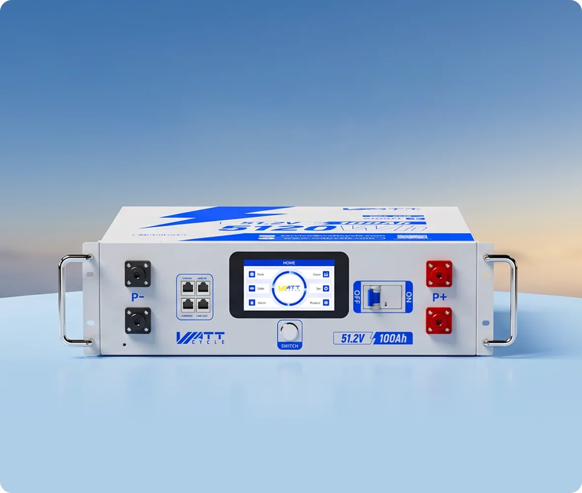 WattCycle 48V 100Ah LiFePO4 Rack-Batterie mit Display und BMS für modulare Energiespeichersysteme