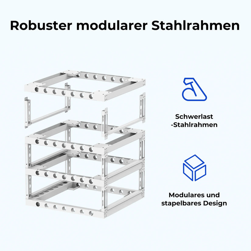 Modulares Schwerlast-Stahlrahmen-Batteriegestell – Explosionszeichnung des stapelbaren Montagesystems