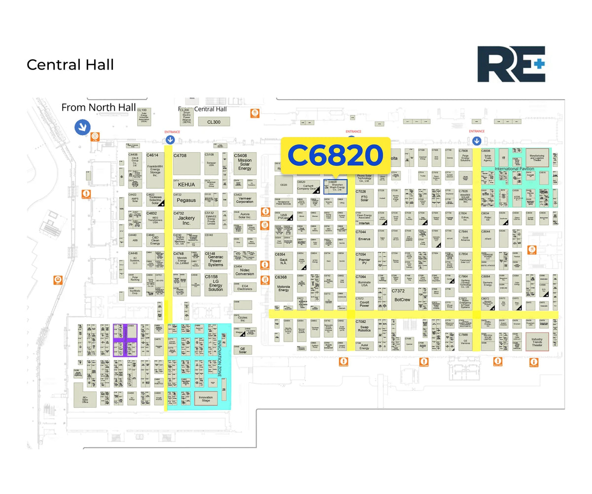 RE+ 2026 Hallenplan der Central Hall im Las Vegas Convention Center mit markiertem WattCycle Messestand C6820