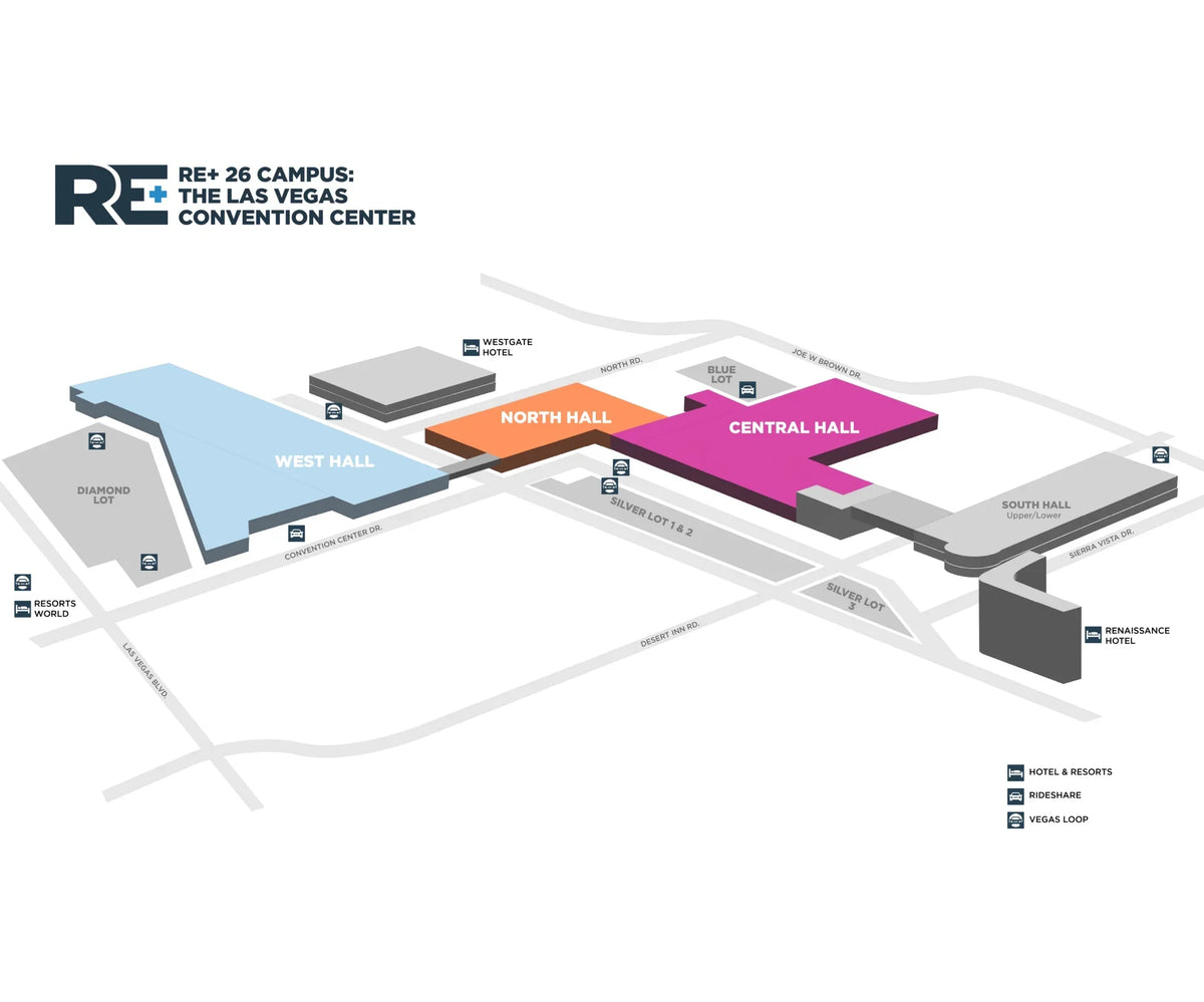 RE+ 2026 Las Vegas Convention Center – Übersicht der Messehallen mit Central Hall, North Hall und West Hall