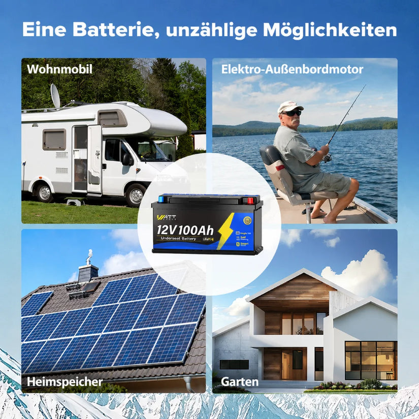 WattCycle 12V 100Ah Untersitz LiFePO4 Batterie mit Bluetooth und Heizung – vielseitige Lithium-Versorgungsbatterie für Wohnmobile, elektrische Außenbordmotoren, Solaranlagen und Gartenhäuser.