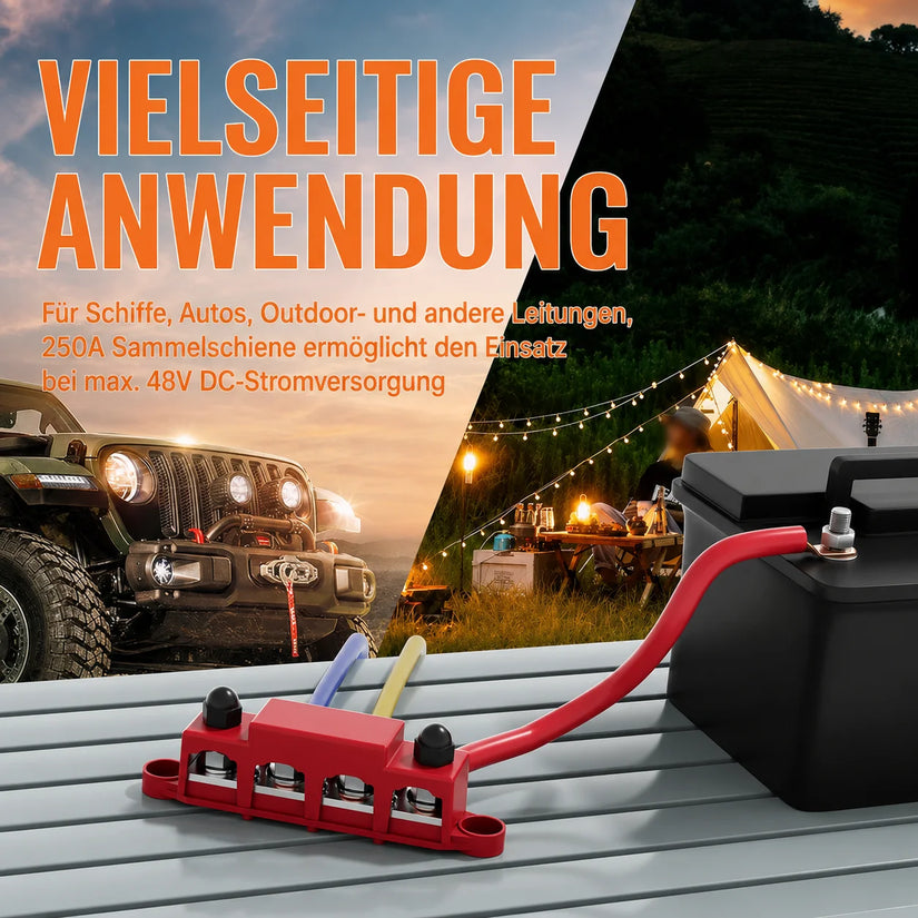 Vielseitige Sammelschiene (250A, max. 48V DC) – Ideal für Boote, KFZ, Wohnmobile und Outdoor-Stromversorgungen