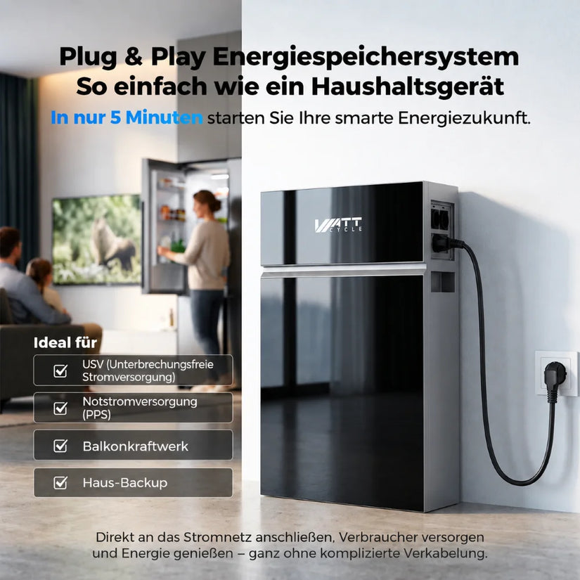 WattCycle 10 kWh AC-Speicher mit bis zu 2500 W AC-Leistung als Plug-and-Play-Energiespeicher für Zuhause