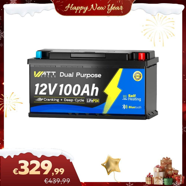 WattCycle 12V 100Ah Dual Purpose LiFePO4 Batterie, Starter- & Versorgungsbatterie mit Bluetooth und Heizung (1200 CCA) im Neujahrsspecial