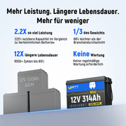 WattCycle 12V 314Ah Mini Lithium Batterie vs. 3 x 12V 100Ah AGM Batterien
