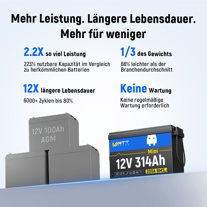 WattCycle 12V 314Ah Mini Lithium Batterie vs. 3 x 12V 100Ah AGM Batterien