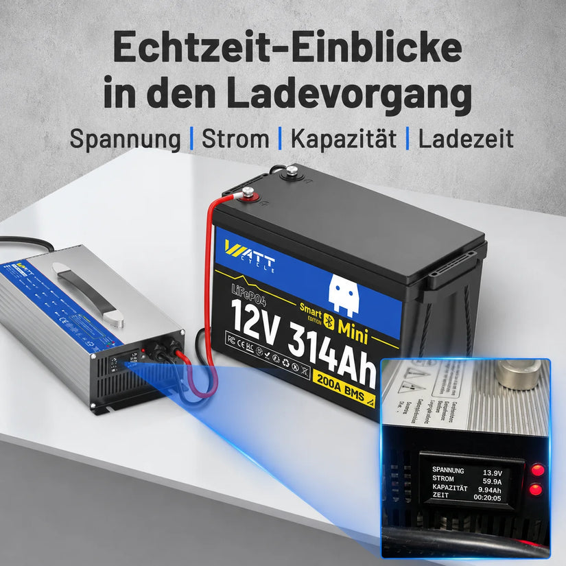 WattCycle 12V 60A LiFePO4 Ladegerät mit Echtzeit-Display für Ladeprozess