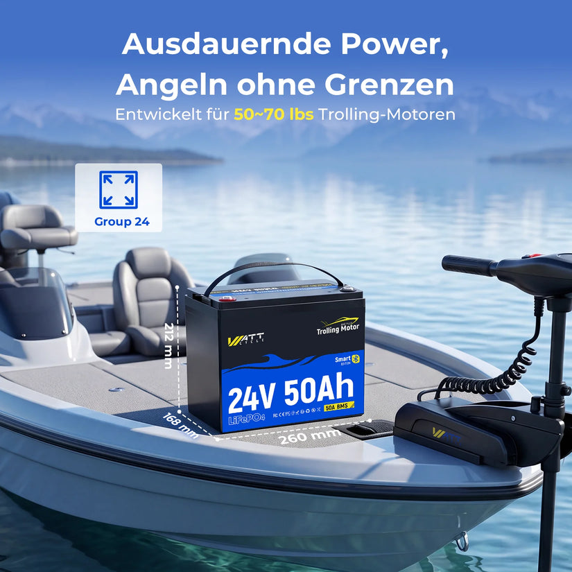 WattCycle 24V 50Ah LiFePO4 Batterie für 50–70 lbs Trollingmotoren im Group-24-Format