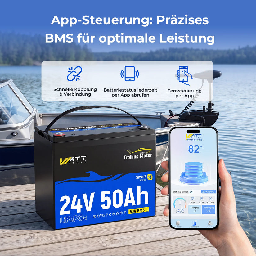 WattCycle 24V 50Ah LiFePO4 Batterie mit Bluetooth und App-Überwachung für den Batteriestatus