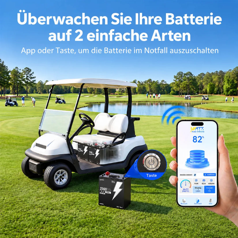 WattCycle 48V 50Ah LiFePO4 Batteriespeicher mit 2,56 kWh für Golfcarts – Bluetooth-App zur Batterieüberwachung und Ein-Ausschalter für einfache Steuerung