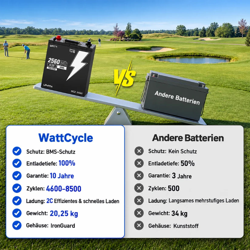 WattCycle 48V 50Ah LiFePO4 Batteriespeicher mit 2,56 kWh im Vergleich zu herkömmlichen Golfcart-Batterien – BMS-Schutz, hohe Zyklenlebensdauer und 20,25 kg Gewicht