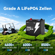 WattCycle 48V 50Ah LiFePO4 Batteriespeicher mit 2,56 kWh und Grade-A-Zellen – über 4600 Ladezyklen bei 100 % Entladetiefe für langlebige Golfwagen-Stromversorgung