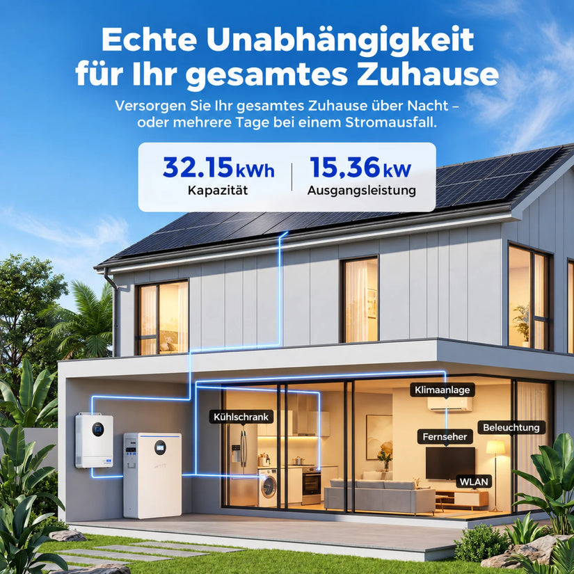 WattCycle 48V 628Ah Batteriespeicher mit 32,15 kWh Kapazität für zuverlässige Notstromversorgung im ganzen Haus