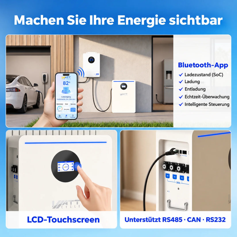 WattCycle 48V 628Ah Batteriespeicher mit Bluetooth-App, LCD-Touchscreen sowie RS485-, CAN- und RS232-Kommunikation
