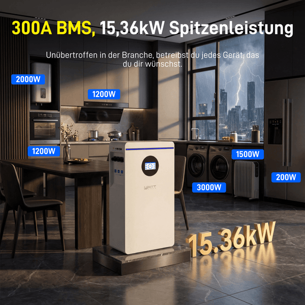 WattCycle 48V 314Ah 16kWh LiFePO4 Batteriespeicher mit 300A BMS & bis zu 15,36 kW Spitzenleistung