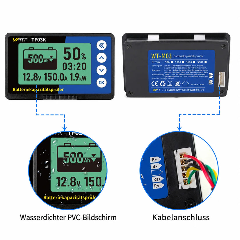 WattCycle Batteriewächter 500A mit wasserdichtem PVC-Bildschirm & sicheres Kabelanschluss
