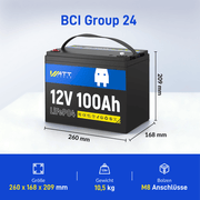 WattCycle LiFePO4 12V 100Ah Batterie mit BCI Group 24 Batteriegröße