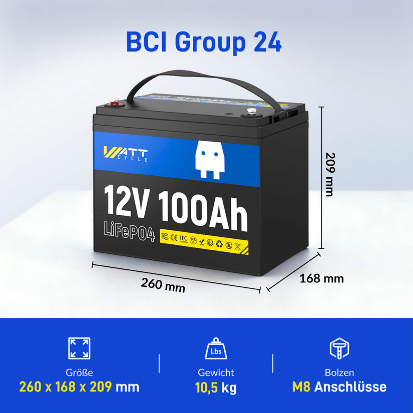WattCycle LiFePO4 12V 100Ah Batterie mit BCI Group 24 Batteriegröße