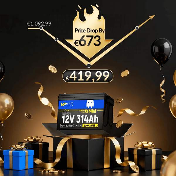 WattCycle LiFePO4 12V 314Ah Mini Lithium Batterie mit Bluetooth Überwachung​, LiFePO4 für Wohnmobile, Solar & Marine mit €673 Preissenkung, €419,99 Ohne MwSt.