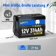 WattCycle LiFePO4 12V 314Ah Mini Lithium Batteriegröße und Gewicht