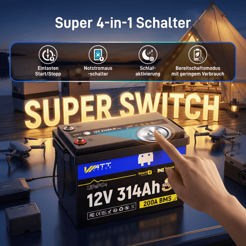 WattCycle LiFePO4 12V 314Ah Mini Super Batterie mit 4-in-1-Schalter