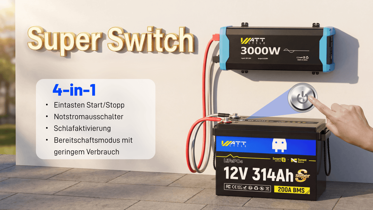 WattCycle LiFePO4 12V 314Ah Mini Super Batterie mit 4-in-1-Schalter