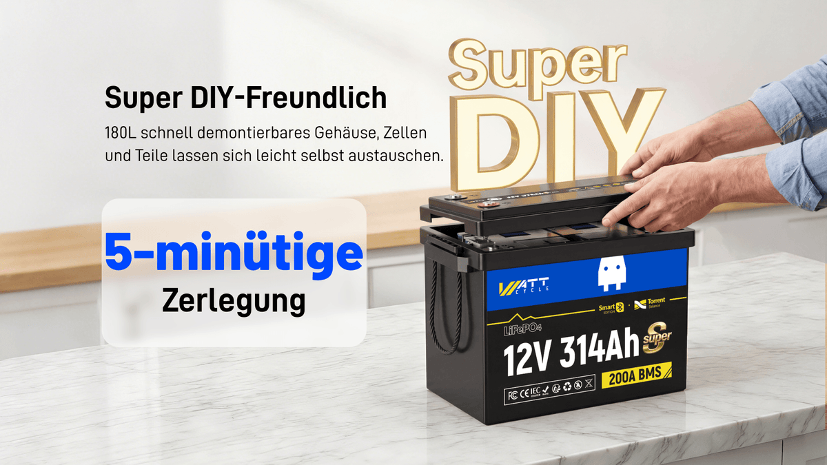 WattCycle LiFePO4 12V 314Ah Mini Super Batterie mit abnehmbarem Gehäuse ohne Zerstörung